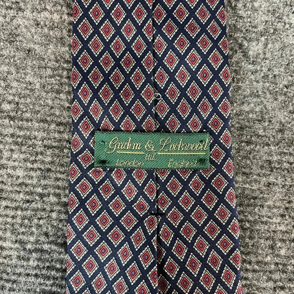 Graham & Lockwood London Mens Silk Tie Navy Blue Red Geometric Diamond Pattern